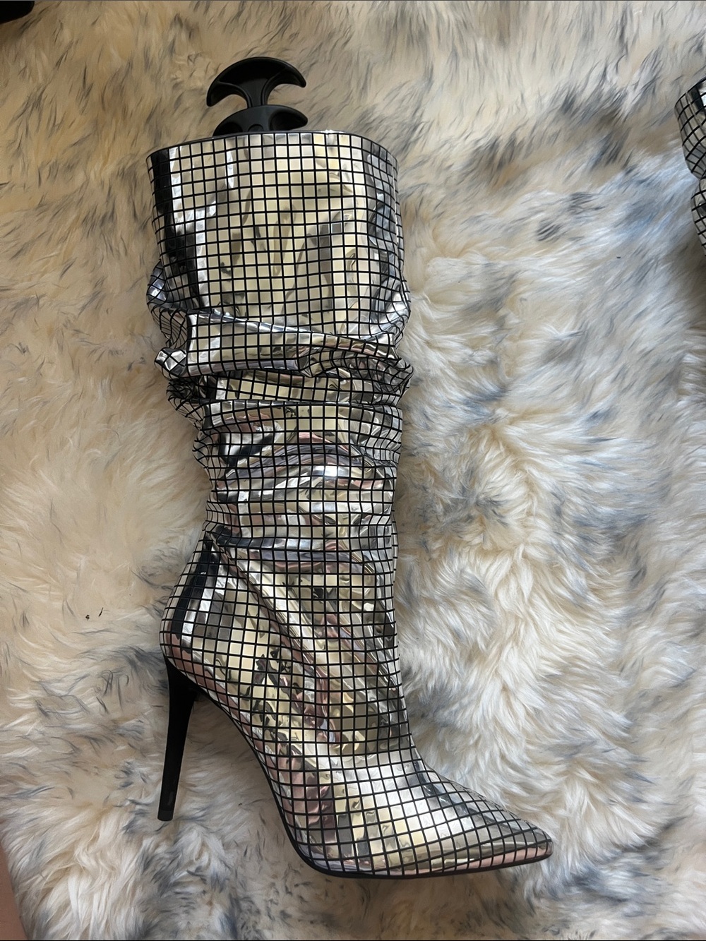 BRAND NEW Jessica Simpson Silver Mirrored Grid Knee-High Heeled Boots v - Picture 4 of 4